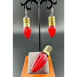 Vtg Christmas Red Light Bulb Holiday Earrings & Brooch Set
